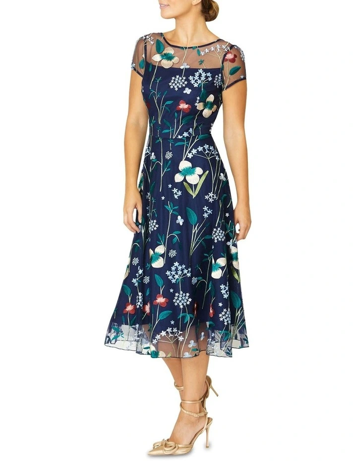 Leila Floral A-Line Dress in Navy image 1