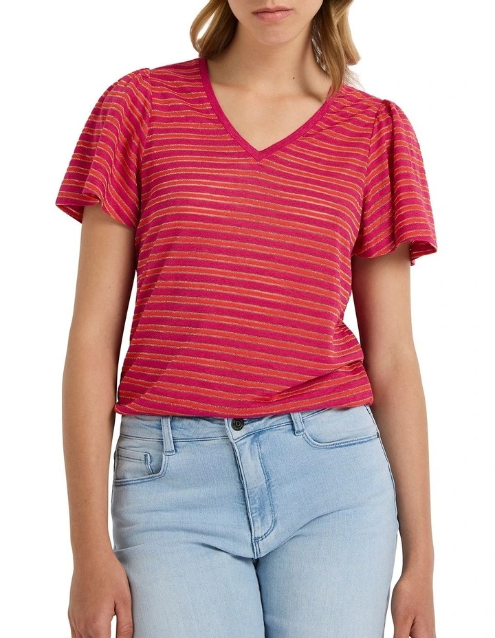Annie Linen Stripe Tee in Magenta image 1