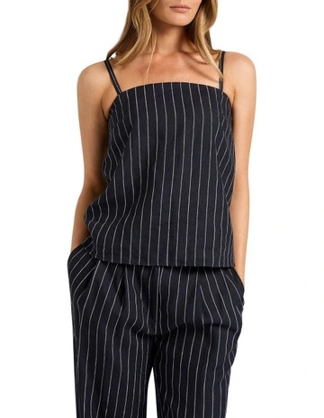 Movie Star Strapless Linen Top in Navy Stripe