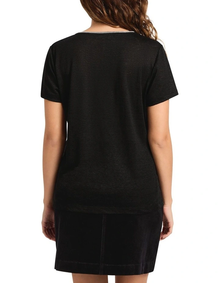 Sam V Neck Linen Tee in Black image 2