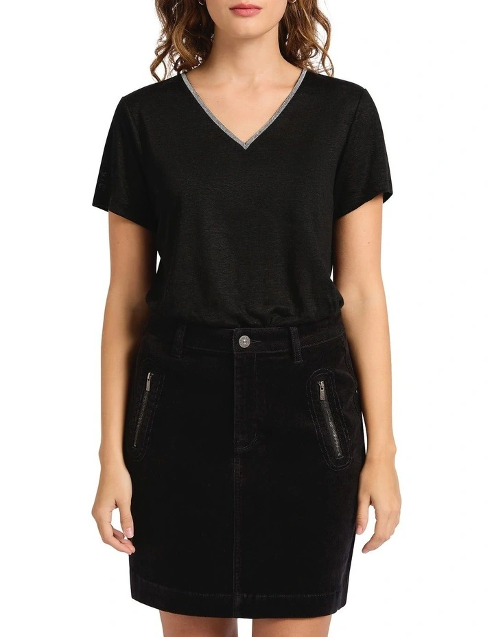 Sam V Neck Linen Tee in Black image 3