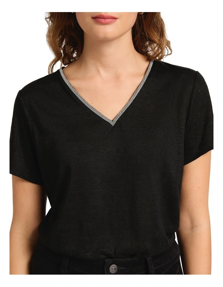 Sam V Neck Linen Tee in Black image 4