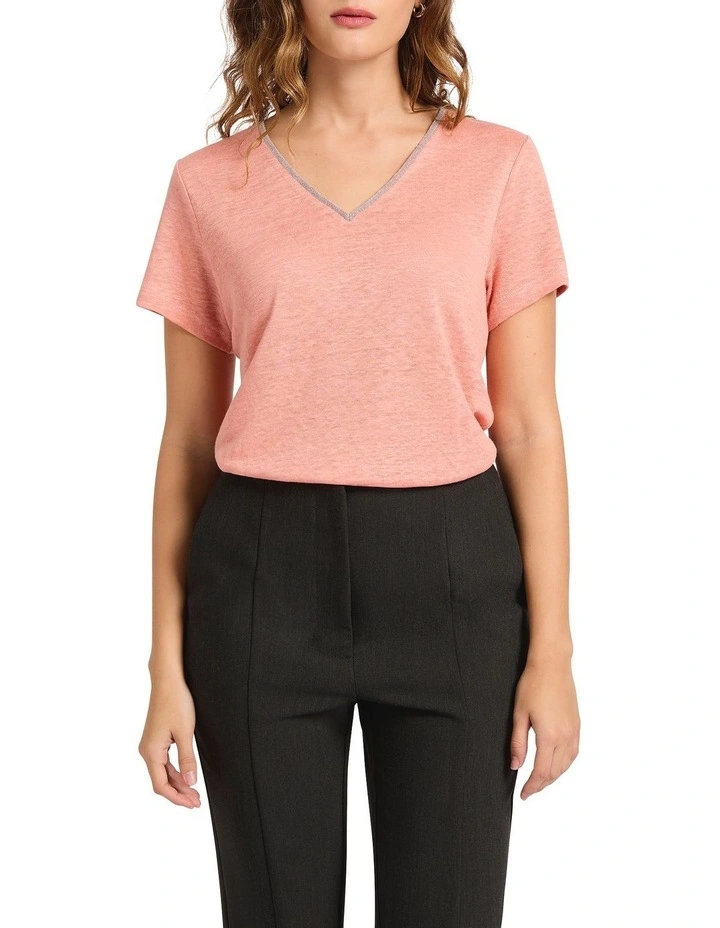 Sam V Neck Linen Tee in Salmon image 3