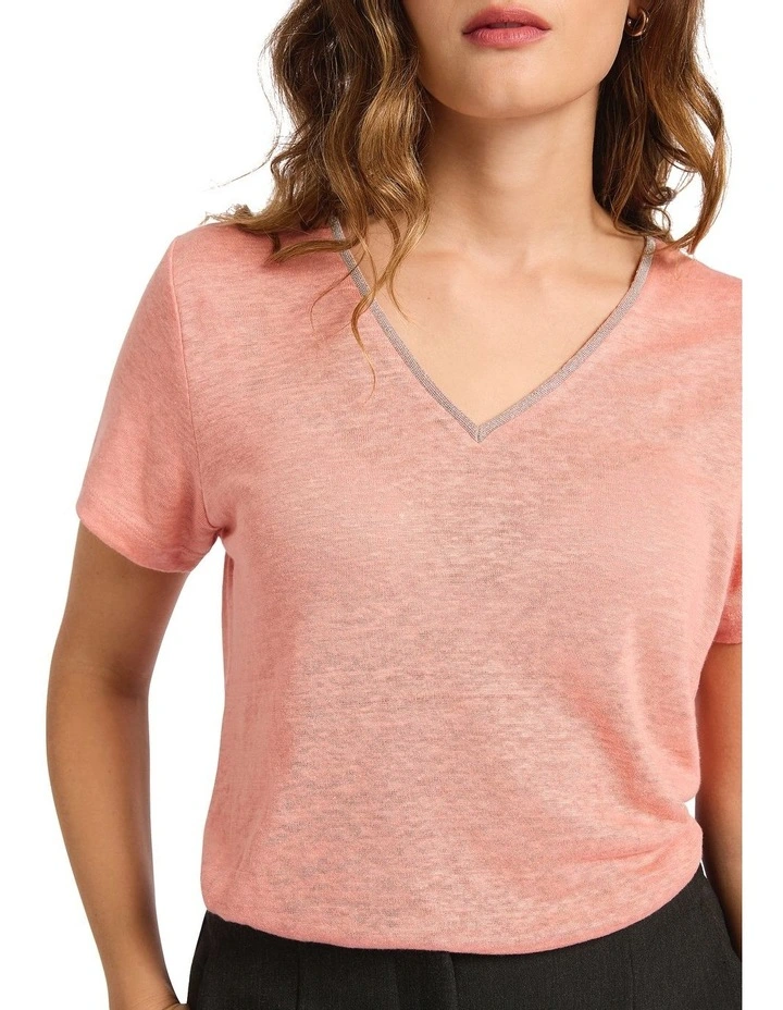 Sam V Neck Linen Tee in Salmon image 4