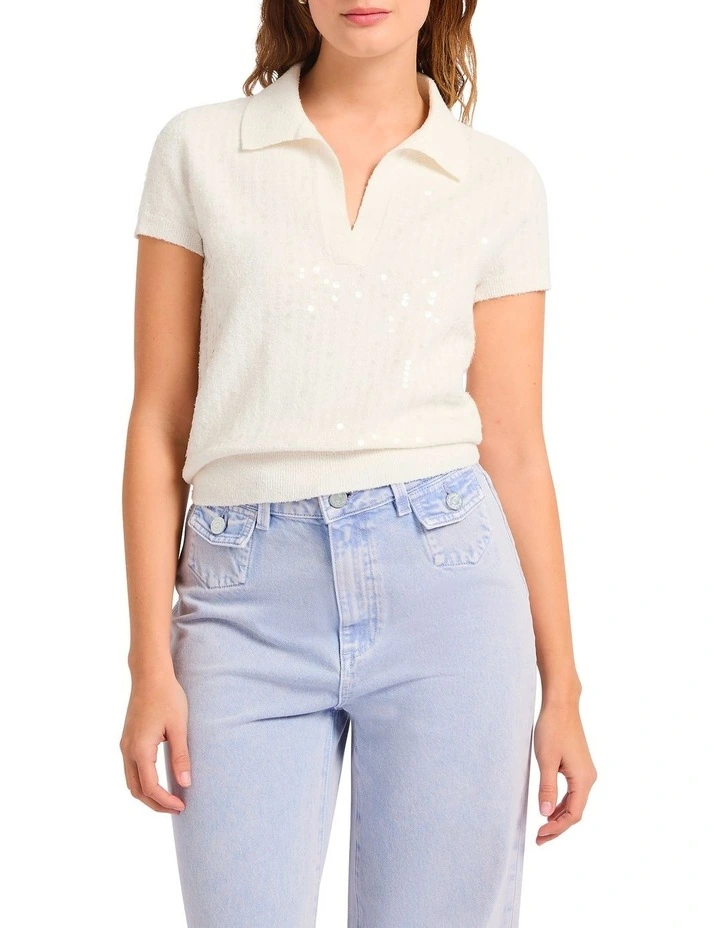 Pemberley Sequin Knit Polo in Ivory image 2