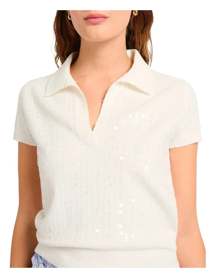 Pemberley Sequin Knit Polo in Ivory image 3