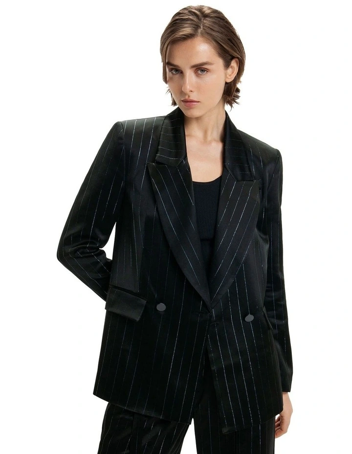Holographic Pinstripe Double Breasted Blazer in Black image 3
