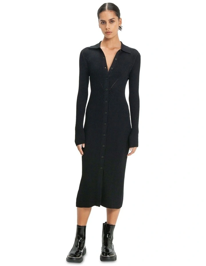 Sculptured Ribbed Knit Dress in Black image 1