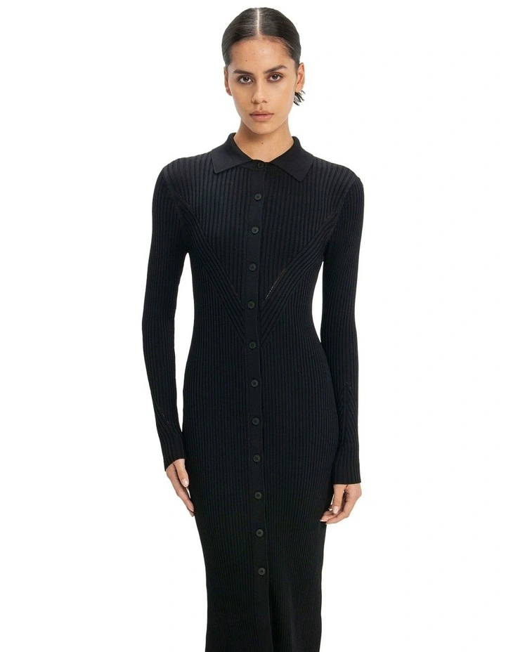 Sculptured Ribbed Knit Dress in Black image 3