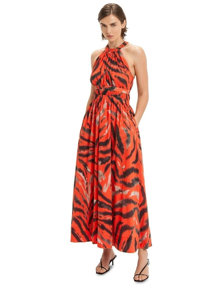 High Neck Ruched Midi Dress in Coral image 1