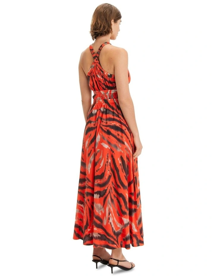 High Neck Ruched Midi Dress in Coral image 2