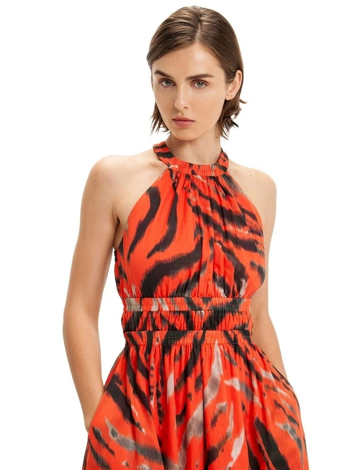 High Neck Ruched Midi Dress in Coral image 3