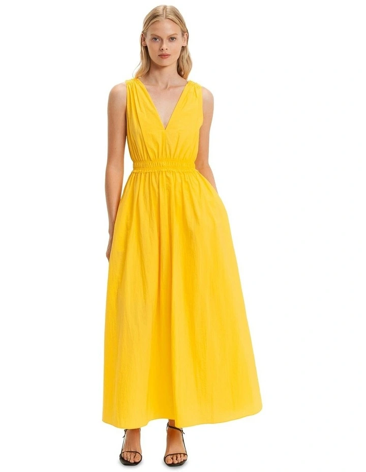 V Neck Ruched Midi Dress in Lemon image 1