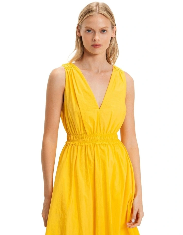 V Neck Ruched Midi Dress in Lemon image 3