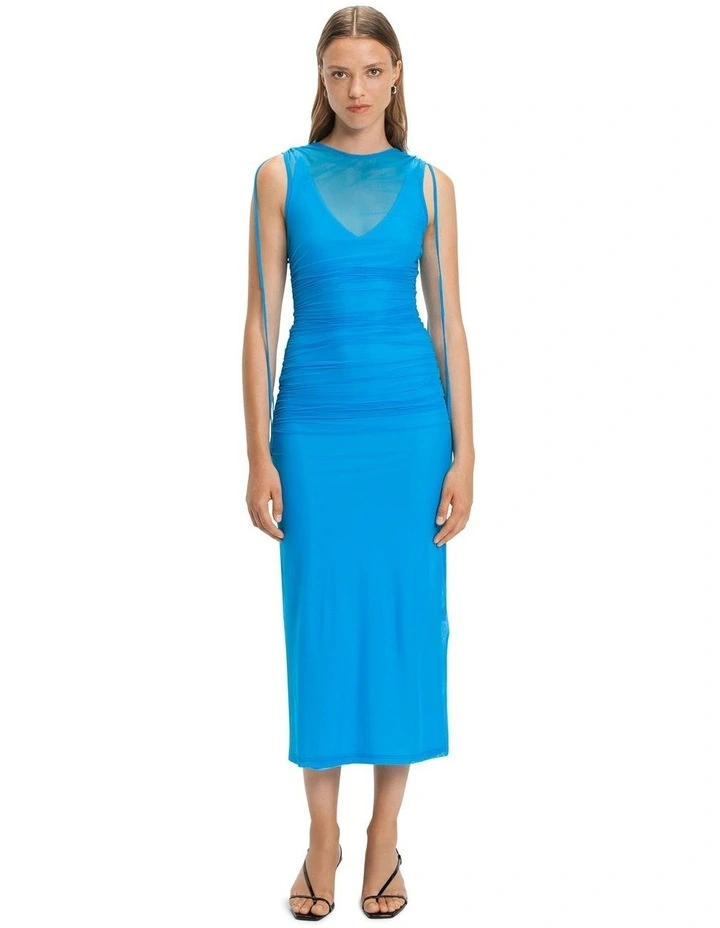 Tie Detail Mesh Midi Dress in Blue Jewel image 1
