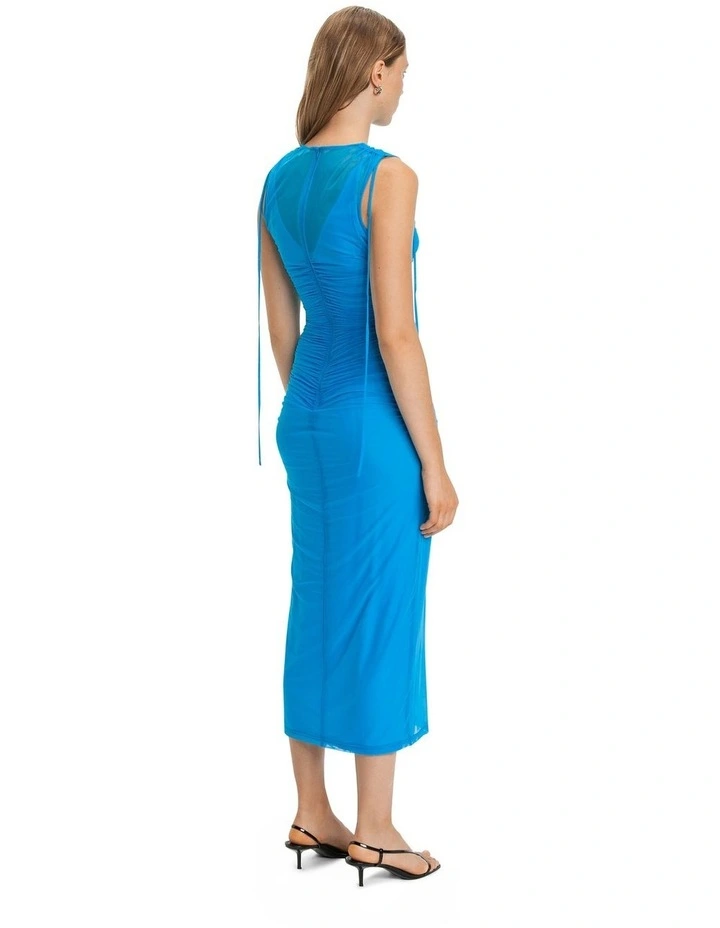 Tie Detail Mesh Midi Dress in Blue Jewel image 2