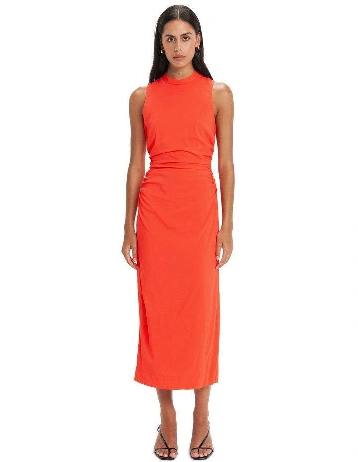 Cue Vermillion Ruched Waist Midi Dress in Red | MYER