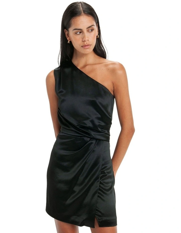 Asymmetrical Rushed Mini Dress in Black image 3