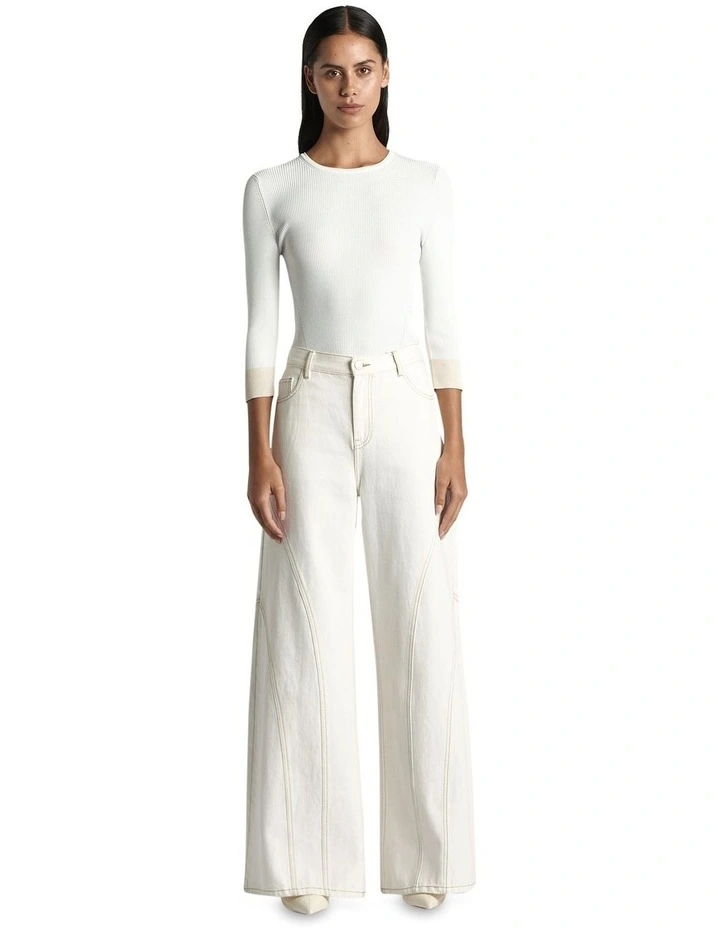 Ribbed Contrast Trim 3/4 Sleeve Knit in Ivory image 1