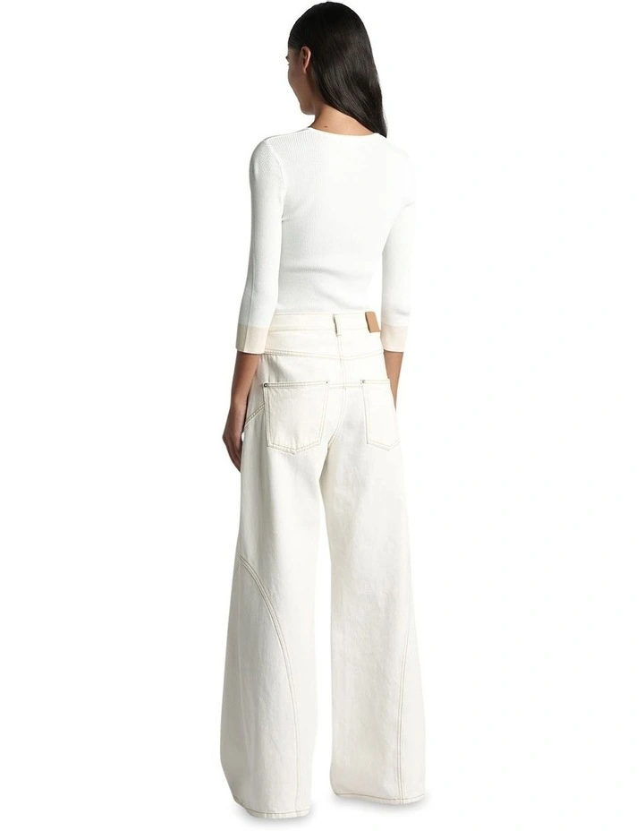 Ribbed Contrast Trim 3/4 Sleeve Knit in Ivory image 2
