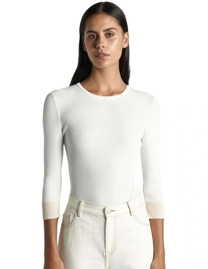 Ribbed Contrast Trim 3/4 Sleeve Knit in Ivory image 3