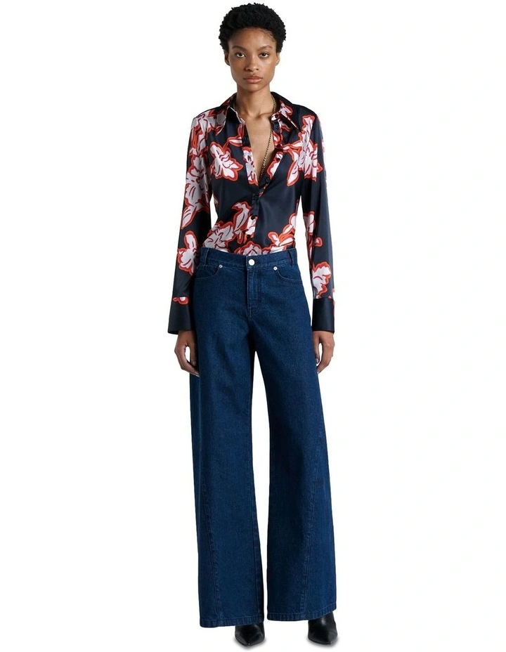 Illustrated Floral Satin Shirt in Navy image 1