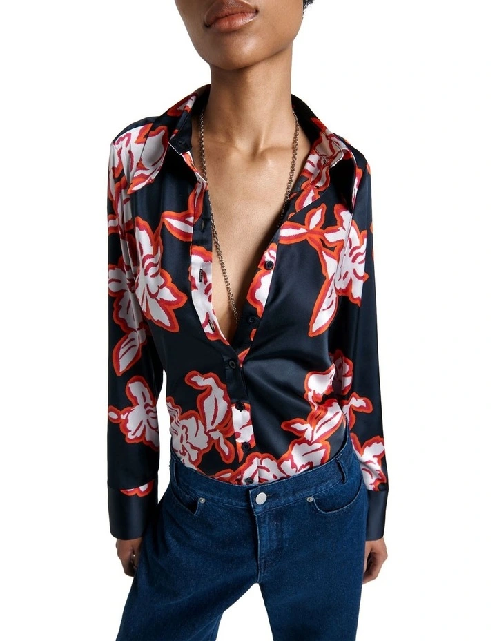 Illustrated Floral Satin Shirt in Navy image 2