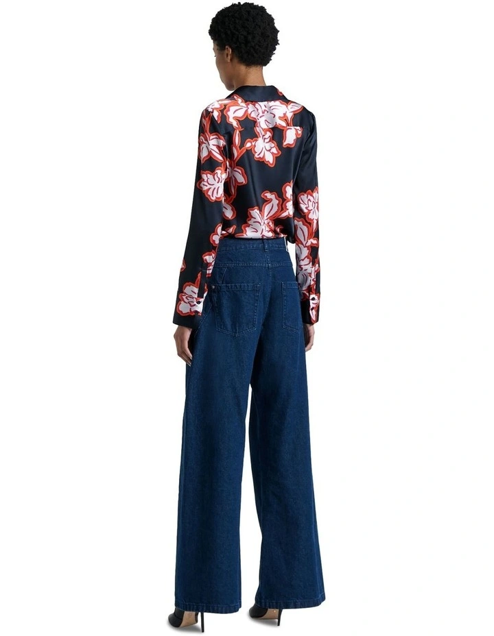 Illustrated Floral Satin Shirt in Navy image 3