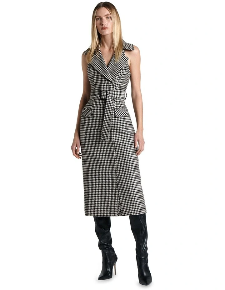 Linen Blend Houndstooth Dress in Black image 1