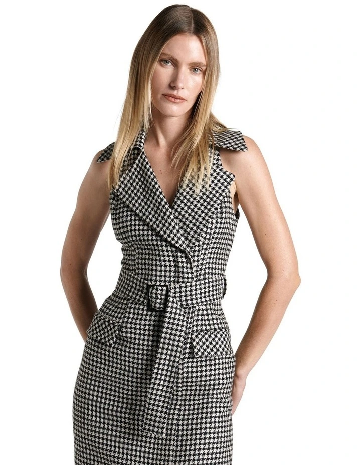 Linen Blend Houndstooth Dress in Black image 2