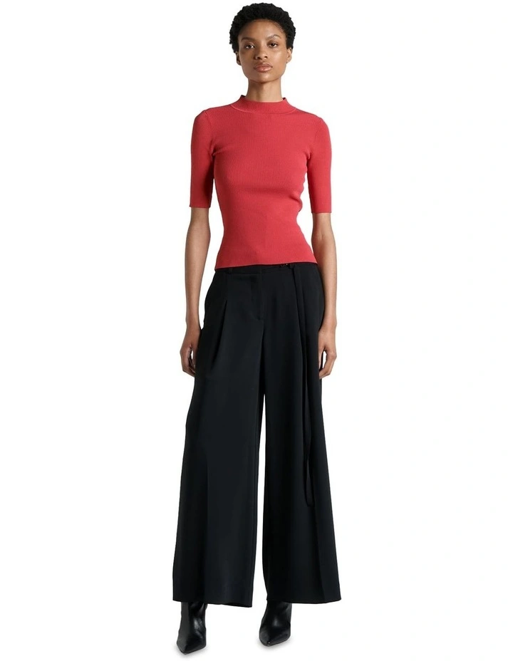 Elbow Sleeve Funnel Neck Rib Knit Top in Lipstick image 1