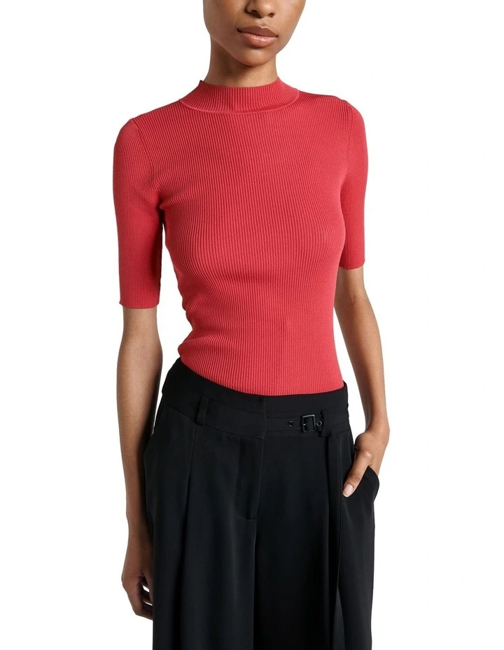 Elbow Sleeve Funnel Neck Rib Knit Top in Lipstick image 2