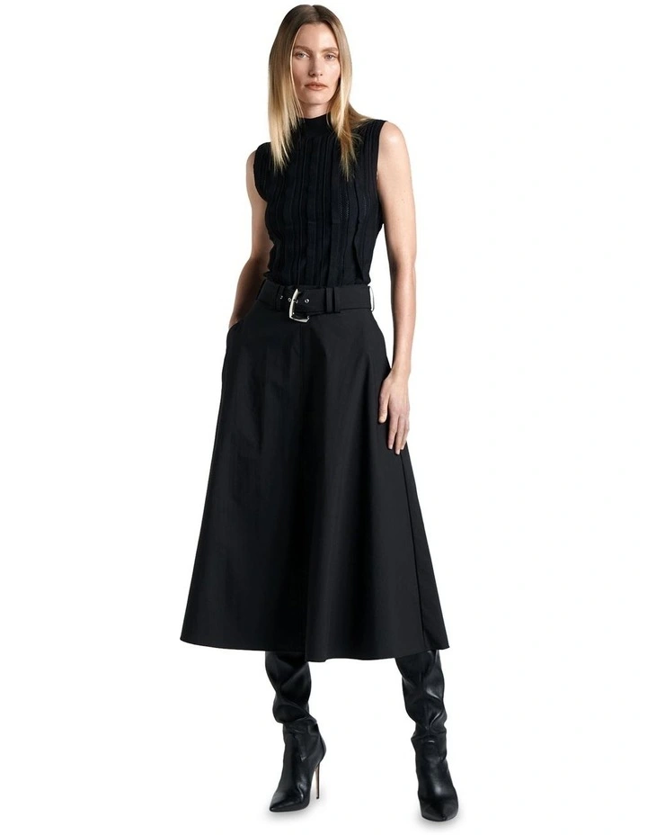 Cotton Blend Belted Midi Skirt in Black image 1