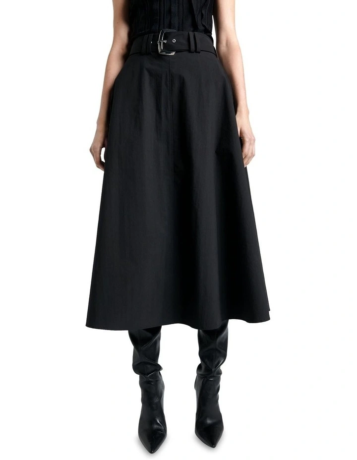 Cotton Blend Belted Midi Skirt in Black image 2