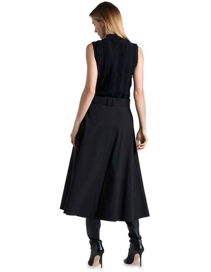 Cotton Blend Belted Midi Skirt in Black image 3