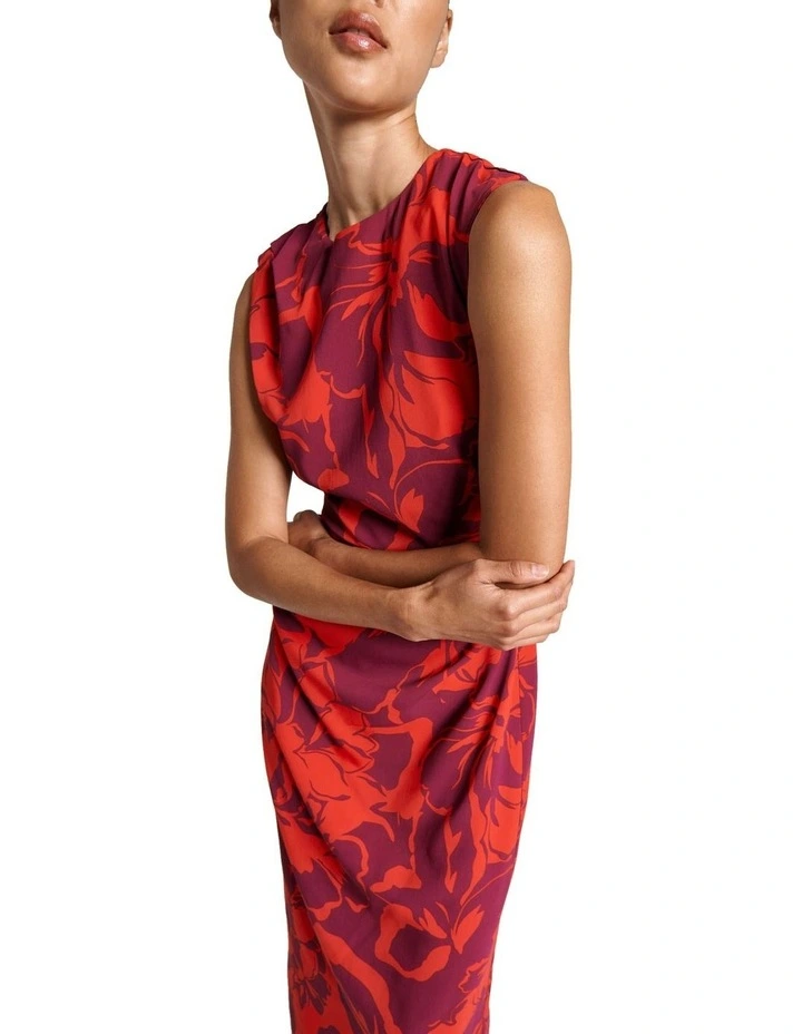 Berry Stencil Floral Column Midi Dress in Red image 2