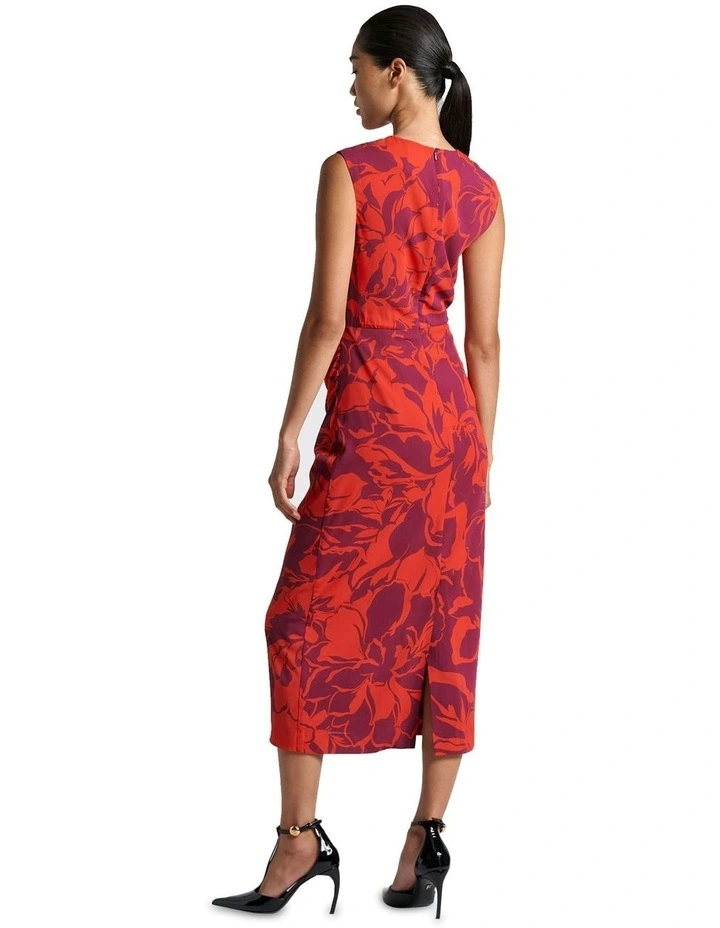 Berry Stencil Floral Column Midi Dress in Red image 3