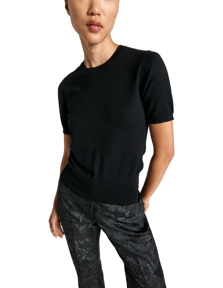 Short Sleeve Round Neck Knit Top in Black image 2