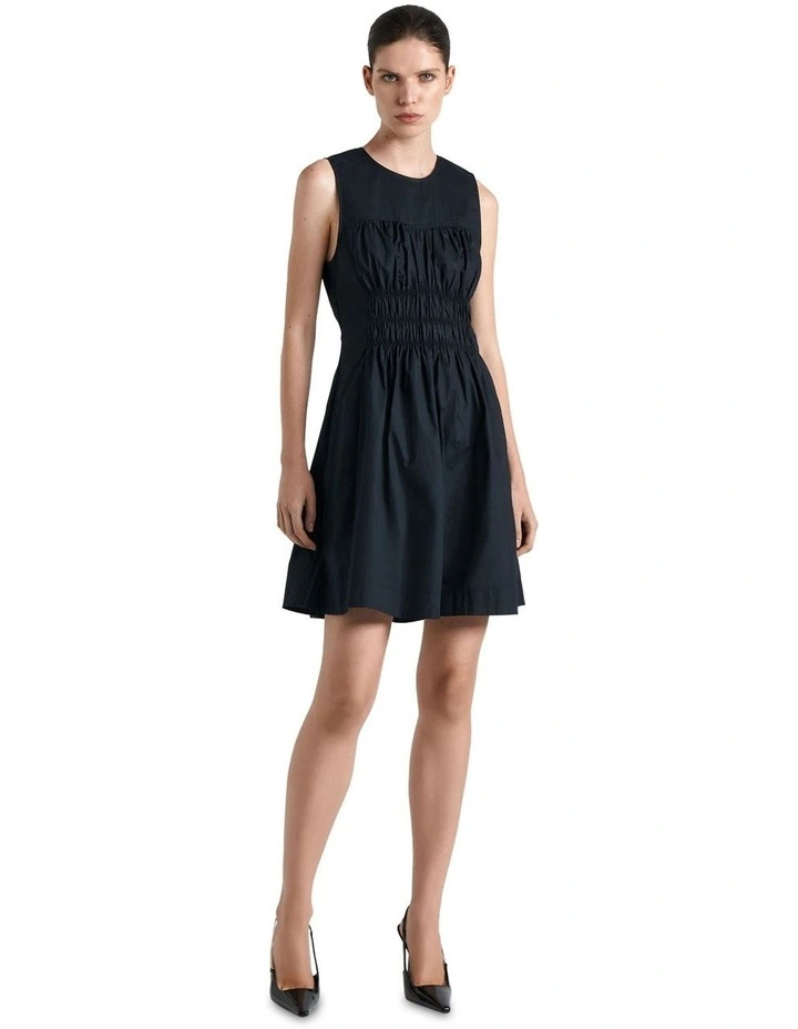Gathered Cotton Mini Dress in Black image 1
