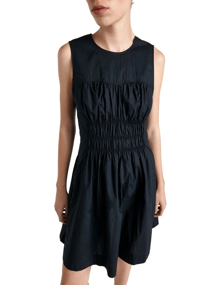 Gathered Cotton Mini Dress in Black image 2