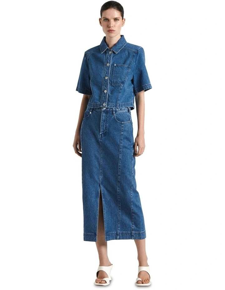 Mid Wash Denim Cropped Shirt in Blue image 1