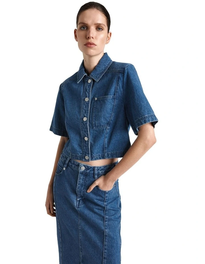 Mid Wash Denim Cropped Shirt in Blue image 2