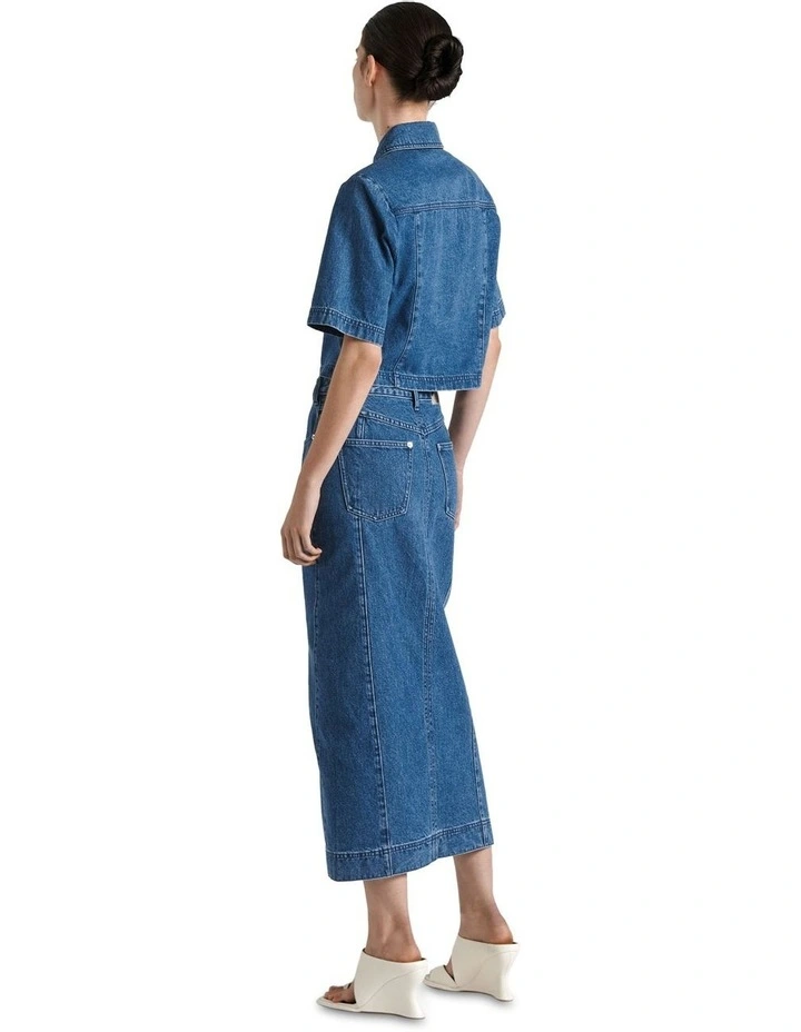 Mid Wash Denim Cropped Shirt in Blue image 3