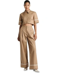 Contrast Bind Cropped Shirt in Taupe