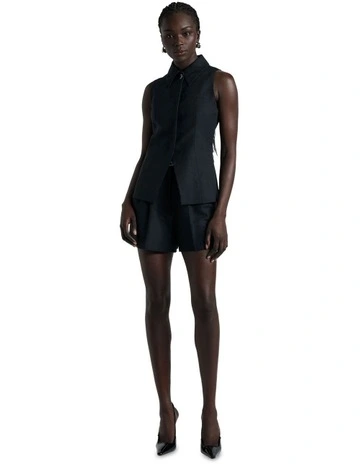Linen Blend Fitted Vest in Black