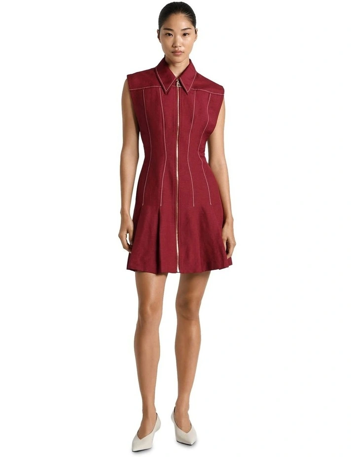 Contrast Stitch Linen Mini Dress in Scarlet image 1