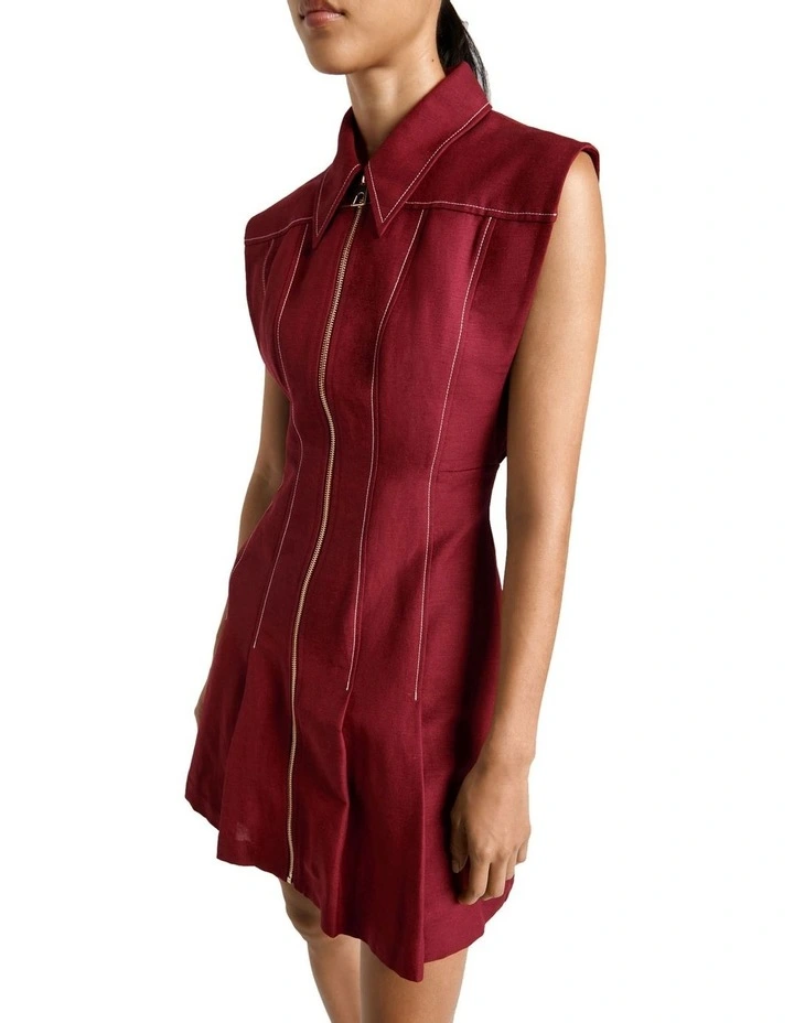 Contrast Stitch Linen Mini Dress in Scarlet image 2