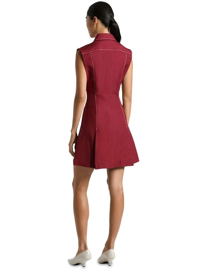 Contrast Stitch Linen Mini Dress in Scarlet image 3
