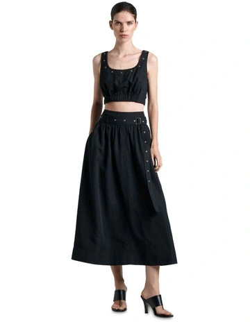 Modal Belted Eyelet Detail Midi Skirt in Black
