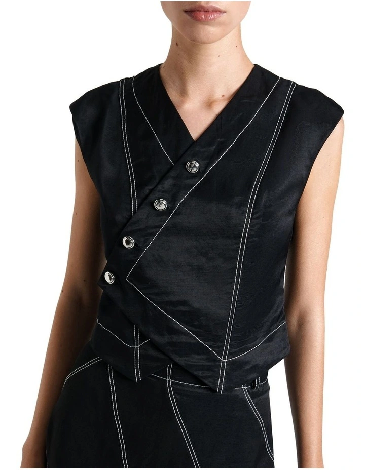 Topstitched Asymmetric Button Top in Black image 2